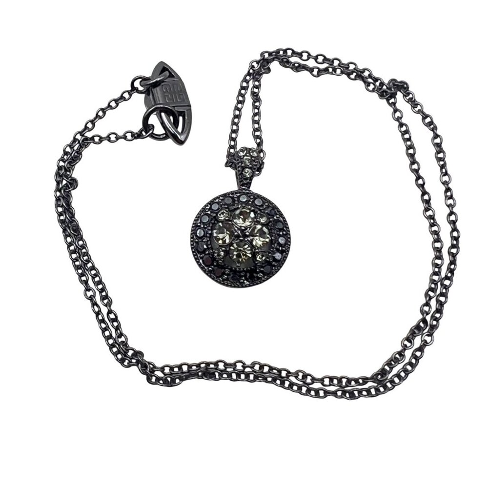 Givenchy Gunmetal Pendant Necklace Rhinestone Halo Black Round Designer 15.5"